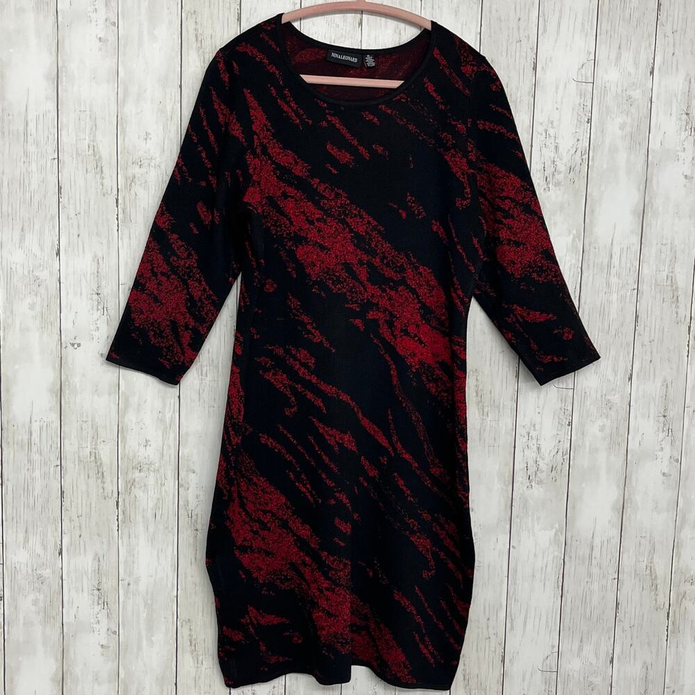 Nina Leonard Black Red Metallic Jacquard Sheath Dress M 3/4 Sleeve Holiday Party